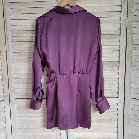 Zara Satin Effect Plum Eggplant Purple Ruched Long Sleeved Mini Dress sz XS - Picture 3 of 4